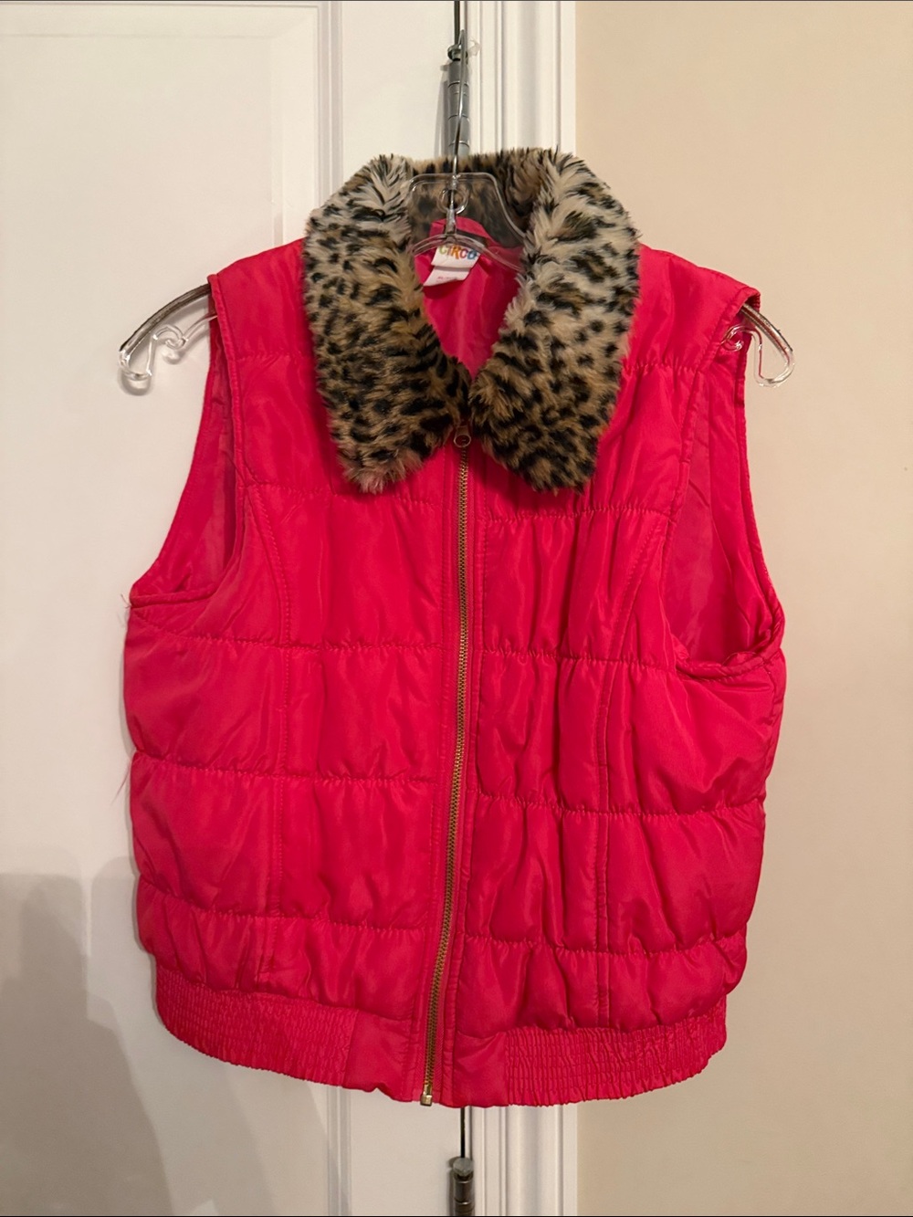 Circo Bright Pink Puffer Vest with Faux Leopard Collar